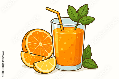Fresh orange juice in a glass with mint and citrus slices. Healthy organic fruit drink for breakfast. Refreshing summer beverage vector cartoon illustration isolated on white.