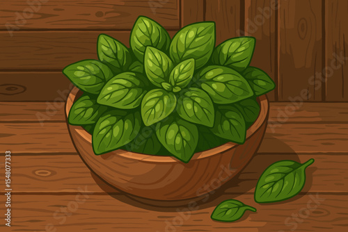 Fresh organic basil leaves in a wooden bowl on a rustic table background. Aromatic herb for cooking, culinary ingredient for Italian cuisine. Healthy food concept. Vector cartoon illustration.