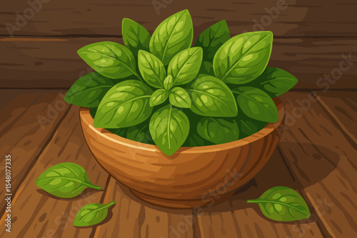 Fresh green basil leaves in a wooden bowl on a rustic table background. Vector cartoon illustration of an organic herb for healthy cooking, seasoning, and Mediterranean food.