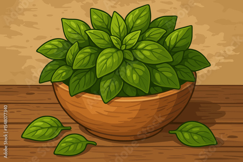 Fresh organic basil leaves in a rustic wooden bowl on a table. Vector cartoon illustration of a green herb, spice for cooking, healthy seasoning, and natural food ingredients.