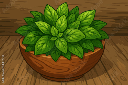 Fresh organic basil leaves in a wooden bowl on a rustic table. Vector cartoon illustration of a green herb for cooking, seasoning, and healthy eating. Natural food ingredient.