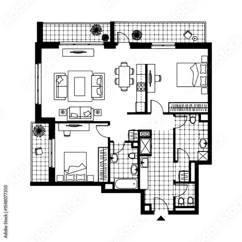 Architectural plan icons of a house in top view. Floor plan with furniture.