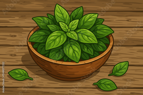 Fresh organic basil leaves in a wooden bowl on a rustic wood table. Vector cartoon illustration of a green herb. Concept for healthy eating, cooking ingredient, spice, seasoning.