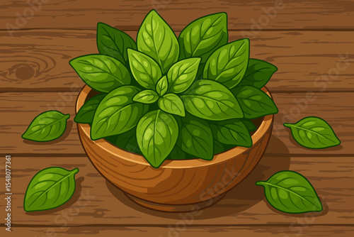 Fresh organic green basil leaves in a wooden bowl on a rustic wood background. Vector illustration of a culinary herb, healthy food ingredient for cooking and seasoning.
