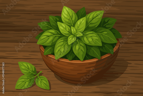 Fresh organic basil leaves in a wooden bowl on a rustic table. Vector cartoon illustration of an aromatic herb for cooking. Healthy green ingredient, natural spice and seasoning for food.