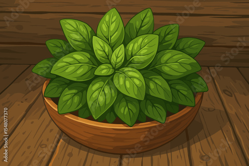 Fresh organic basil leaves in a wooden bowl on a rustic table background. Vector cartoon illustration of a green culinary herb. Concept of healthy eating, cooking ingredient, seasoning.