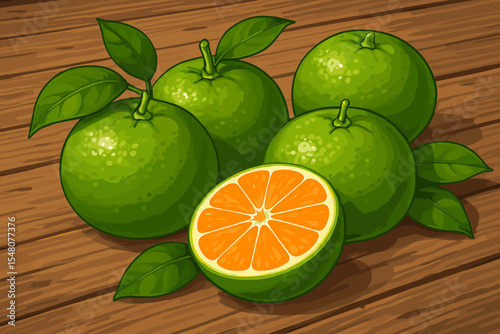 Fresh whole green tangerines with leaves and juicy sliced orange interior on rustic wooden table. Vector cartoon citrus fruit illustration. Natural healthy food concept. Vibrant tropical harvest.