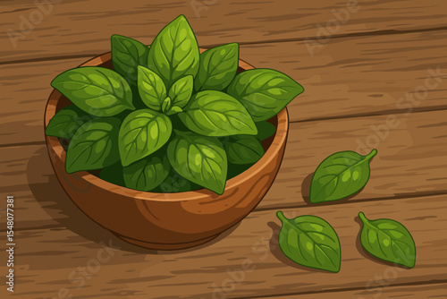 Fresh organic basil leaves in a wooden bowl on a rustic table. Aromatic green herb for cooking and seasoning. Vector cartoon illustration of healthy food ingredients for pesto.