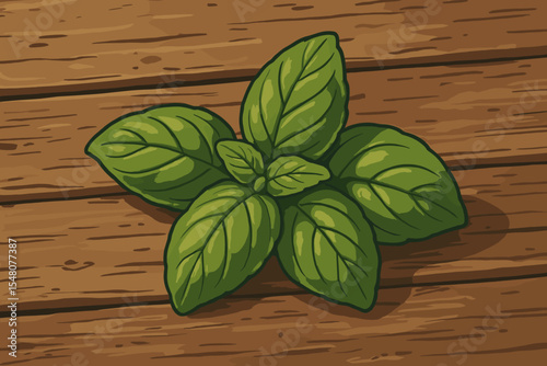Fresh organic basil leaves illustration. Cartoon vector herb on rustic wooden table. Aromatic culinary plant, natural green foliage, vintage kitchen decor, healthy ingredient, food seasoning concept