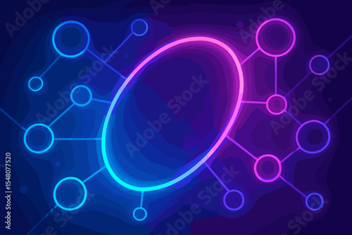 Futuristic neon network abstract background with glowing oval hub and interconnected circular nodes, digital communication concept, technology connection vector illustration