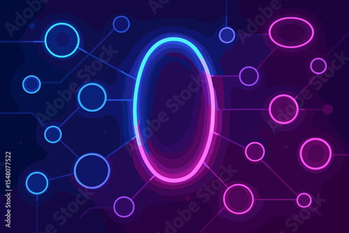 Futuristic cyber neon network connection abstract background with glowing central oval hub and interconnected circular nodes, technology communication grid, digital circuit concept