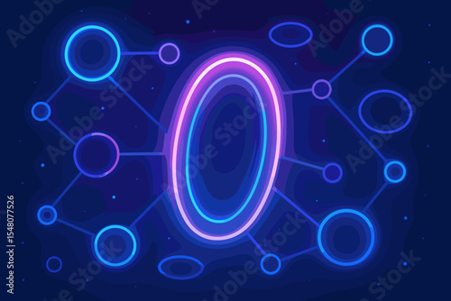 Futuristic abstract neon network background with glowing oval and circular nodes connected by luminous lines, digital communication concept, cyber technology interface and data connection