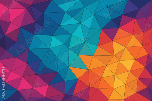 Futuristic low poly geometric abstract background. Vibrant polygon mosaic, colorful triangles, modern digital pattern. Dynamic gradient, tech style vector illustration. No text, seamless design