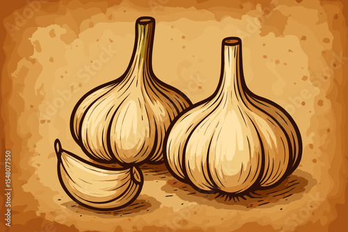 Hand Drawn Garlic Bulbs and Clove on Vintage Paper Background, Rustic Culinary Herb Illustration, Organic Spice, Kitchen Ingredient, Antique Retro Vector Art, Natural Food Design