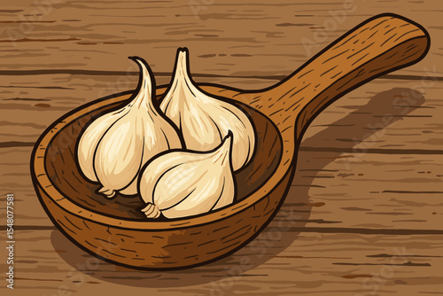 Fresh garlic cloves in rustic wooden ladle on vintage wood table. Organic vegetable food illustration. Farm kitchen cooking ingredient. Hand drawn vector art. Healthy seasoning. Country style.