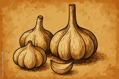 Hand Drawn Garlic Bulbs and Clove on Vintage Textured Paper Background. Rustic Farm Food. Retro Botanical Illustration. Organic Spice. Culinary Ingredient. Antique Kitchen Decor Vector Art