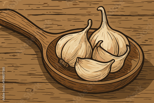 Rustic wooden ladle with garlic cloves illustration. Vintage food ingredient vector. Hand-drawn kitchen decor. Organic fresh garlic bulbs on textured aged wood background cooking concept