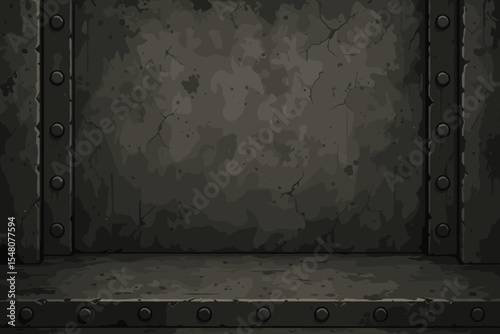 Grunge industrial metal and concrete wall and floor texture. Cracked surface, bolts, grungy stains. Dark cartoon vector background. Urban factory garage bunker design. No text template