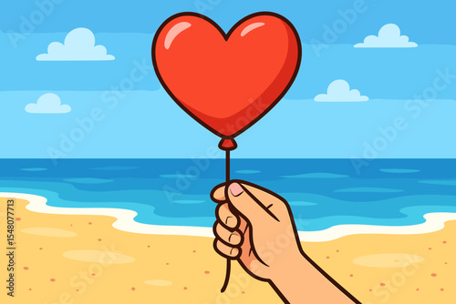 Hand Holding Red Heart Balloon on Sandy Beach with Ocean Waves and Blue Sky, Romantic Summer Vacation, Love and Celebration Concept, Vector Cartoon Illustration, No Text Design