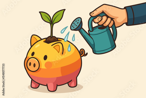 Cartoon piggy bank with green plant sprout growing from top, hand watering with can, symbolizing investment growth, savings, nurturing finances, eco-friendly money concept, vector illustration