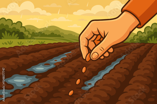 Hand Sowing Seeds Into Wet Soil After Rainfall in Farmland Field. Agriculture Planting Concept. Vector Illustration of Human Hand Planting Seeds in Moist Earth Rows. Spring Farming Scene