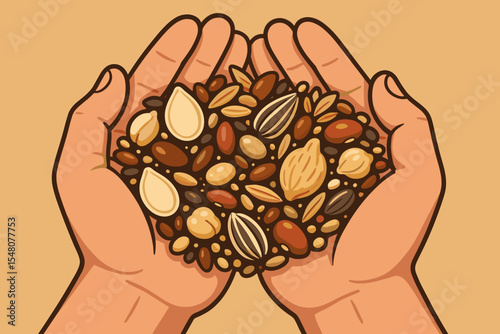 Outstretched hands holding mixed seeds and grains, abundance concept, healthy nutrition, organic diversity, food security, harvest, agriculture, vector cartoon illustration, no text