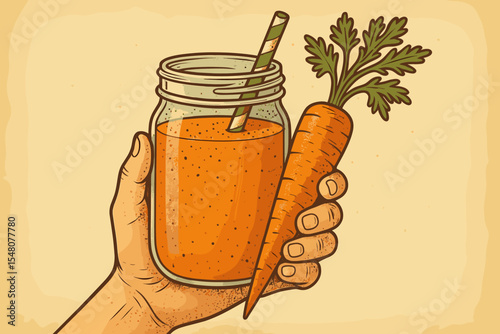 Hand Holding Fresh Carrot Smoothie in Mason Jar with Straw and Whole Carrot, Vintage Retro Style, Healthy Detox Drink, Organic Vegetable Juice, Cartoon Vector Illustration, No Text