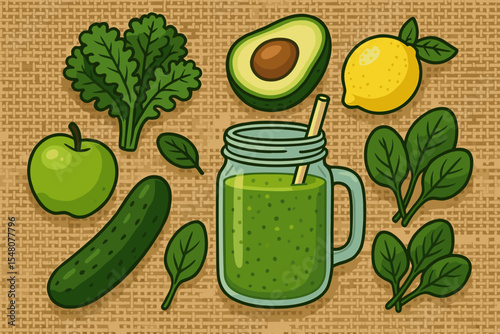 Green Detox Smoothie Ingredients Vector. Kale, Spinach, Avocado, Lemon, Apple, Cucumber in Mason Jar. Healthy Vegan Drink Cartoon Illustration on Textured Hessian Sack Fabric Background
