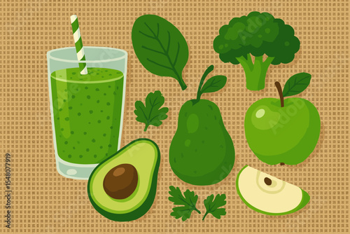 Fresh Green Detox Smoothie Ingredients Vector. Avocado, Green Apple, Pear, Broccoli, Spinach, Parsley. Healthy Vegan Organic Juice Elements on Burlap Texture. Natural Vegetarian Food Illustration