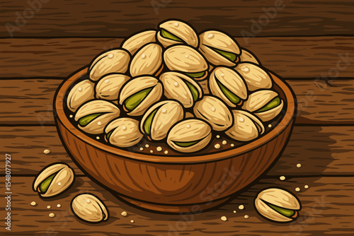 Crunchy salted roasted pistachio nuts in wooden bowl on rustic table, healthy snack food, gourmet appetizer, cartoon vector illustration, organic nut, protein-rich, natural ingredient concept