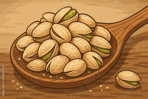Salted Roasted Pistachio Nuts in Shell on Rustic Wooden Spoon. Crunchy Healthy Snack. Vector Cartoon Food Illustration. Fresh Gourmet Nut Snack. Natural Vegan Protein Source. No Text.