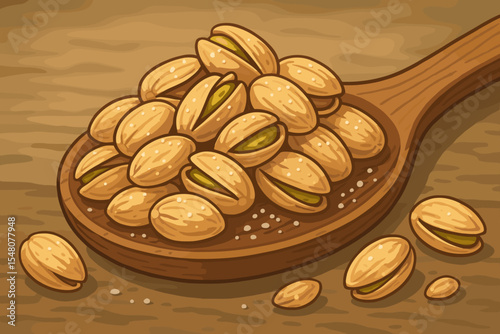 Rustic Wooden Spoon Filled with Salted Roasted Pistachios, Cartoon Vector Illustration of Crunchy Nut Snack, Natural Organic Food, Healthy Eating Concept, Detailed Hand-Drawn Nut Graphic Art