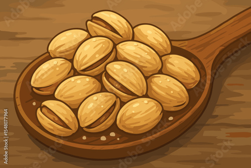 Salted Roasted Pistachio Nuts Pile on Rustic Wooden Spoon, Realistic Vector Cartoon Illustration, Snack Food Concept, Natural Texture, Healthy Eating, Gourmet Ingredient, Detailed Drawing