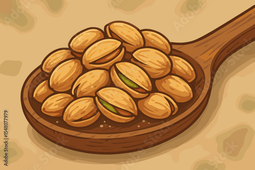 Salted Roasted Pistachio Nuts in Shell on Rustic Wooden Spoon, Crunchy Snack, Healthy Protein Food, Natural Nutty Flavor, Vector Cartoon Illustration for Kitchen and Culinary Design