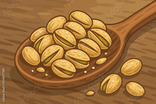 Salted Roasted Pistachio Nuts in Shell on Rustic Wooden Spoon. Crunchy Snack Food. Nutritious Protein. Healthy Eating. Tasty Gourmet Ingredient. Vector Cartoon Illustration. Natural Texture