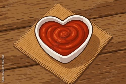 Heart Shaped White Bowl with Tomato Ketchup on Rustic Burlap and Wooden Table, Food Illustration, Vector Art, Snack Dip, Romantic Cooking, Café Decor, Top View, No Text Design