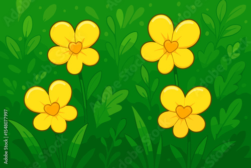 Bright yellow heart-shaped cartoon flowers in lush green foliage. Decorative spring floral vector illustration. Cute botanical nature background for children, pattern, garden, greeting card designs