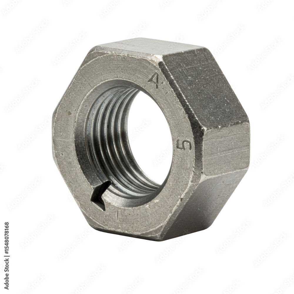 Ultra-realistic macro of an industrial-grade metal lock nut, hexagonal with distinct inner threading and locking feature, precise clean finish, perfectly isolated on a transparent studio background, Ultra-realistic macro of an industrial-grade metal lock nut, hexagonal with distinct inner threading and locking feature, precise clean finish, perfectly isolated on a transparent studio background,
