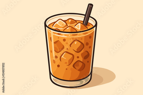 Iced milk tea with ice cubes in transparent glass cup and straw on vintage grainy paper background. Refreshing cold beverage cartoon vector illustration. Summer drink concept, cafe menu design
