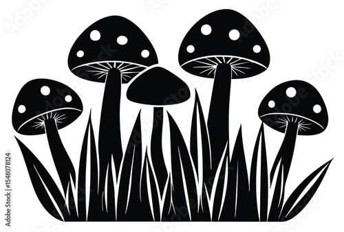 Mushroom grass silhouette vector flat icon nature forest fungi simple clean design illustration