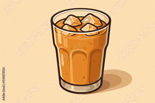 Refreshing Iced Milk Tea in Glass with Ice Cubes on Grainy Paper Background, Vector Cartoon Beverage Illustration, Summer Drink Concept, Cold Asian Tea, Café Menu Design Element