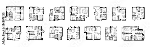 Set of Architectural plan icons of a house in top view. Floor plan with furniture.