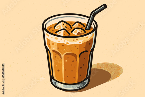 Refreshing Iced Milk Tea in Tall Glass with Black Straw and Ice Cubes, Vintage Grainy Paper Background, Realistic Vector Cartoon Drink Illustration, Summer Beverage Concept, No Text Design