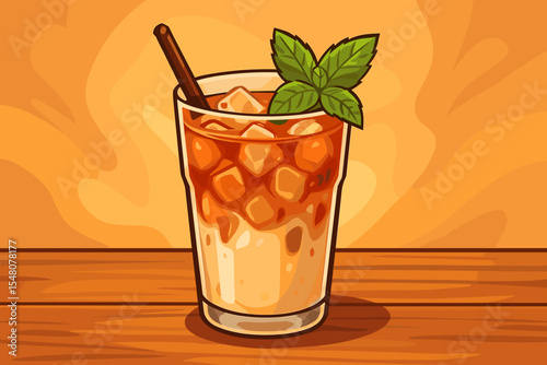 Refreshing iced milk tea with mint leaves, ice cubes, straw on wooden table, warm orange background. Summer beverage, cafe drink, sweet dessert, cartoon vector illustration for food and drink concepts