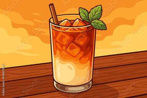 Refreshing Iced Milk Tea with Mint Garnish in Glass, Cartoon Vector Illustration, Summer Beverage with Ice Cubes on Wooden Table, Warm Sunset Colors, Cold Drink Concept, No Text