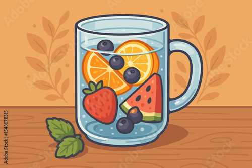 Refreshing infused water in clear glass mug with orange slices, strawberries, watermelon, blueberries, mint leaves on wooden table. Healthy summer drink. Colorful vector cartoon illustration
