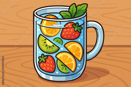 Refreshing fruit infused water in glass mug with kiwi, orange, strawberry, mint leaves. Cartoon vector illustration. Summer healthy drink, detox beverage on wooden table, vibrant illustration