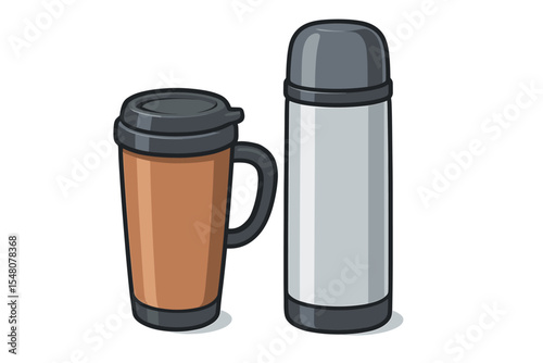 Cartoon insulated coffee travel mug and stainless steel vacuum flask on white background. Vector illustration of reusable portable cup and thermos for hot drinks, tea, coffee, beverage container