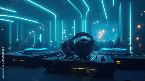 Futuristic dj equipment in a neon-lit club.