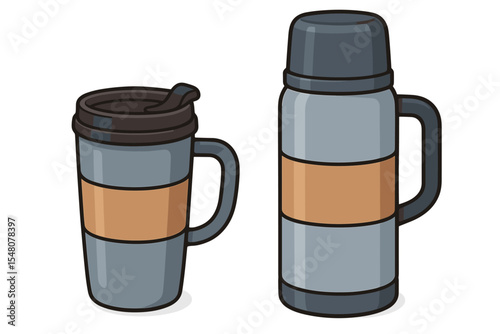 Cartoon insulated travel coffee mug and vacuum thermos flask with handle. Hot drink containers vector illustration. Portable beverage holder set isolated on white background. No text, editable design